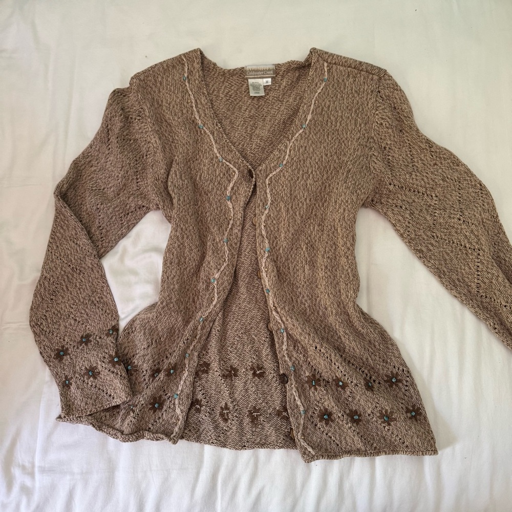 Coldwater Creek Tan Knit Cardigan with Floral Accents